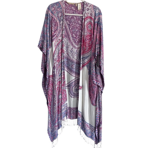 Soft Surroundings Strawberry Swirl Fringed Kimono One Size - Picture 2 of 11